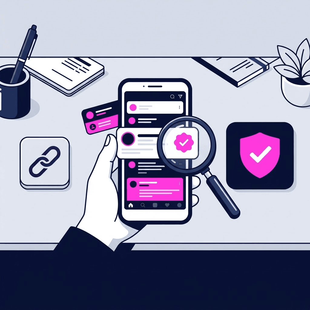 Ukrabet sosyal medya rehberi için telefon, profil kartları ve doğrulama büyüteci görseli
